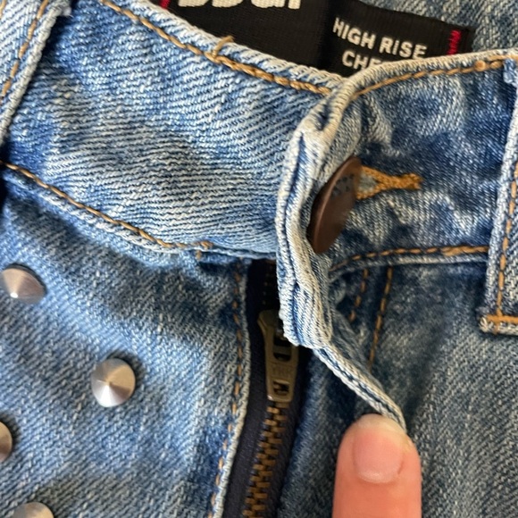 BDG Blue High Rise Distressed Jean Shorts with Studded Details - Picture 5 of 10